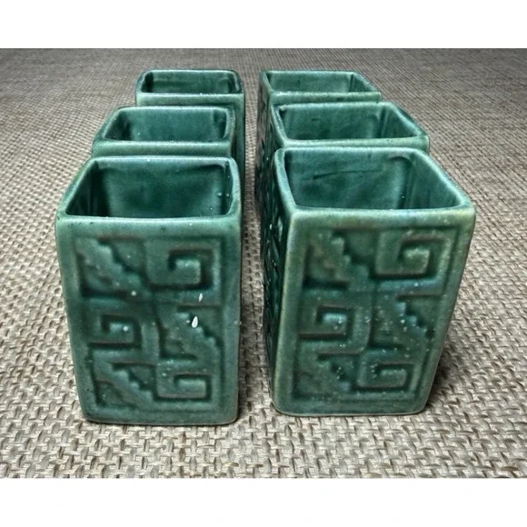 Vtg Kahlua Mayan Aztec Warrior Decanter Green 6 Shot Glass Set MCM Barware Rare - Picture 4 of 16